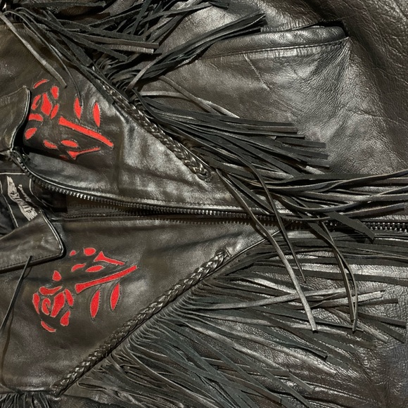 EXTREMELY HEAVY BULL SKIN Black Leather Jacket with Red Suede Roses as Accents - Picture 9 of 16